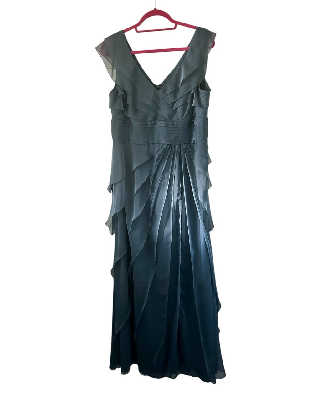 Adrianna Papell Teal Layered Ruffle V-Neck Maxi Dress